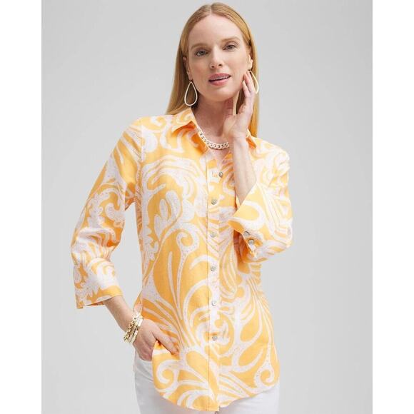 Chico’s Woman’s Orange White Linen Scroll Button Down 3/4 Sleeve Shirt- Size 3 - Picture 12 of 12